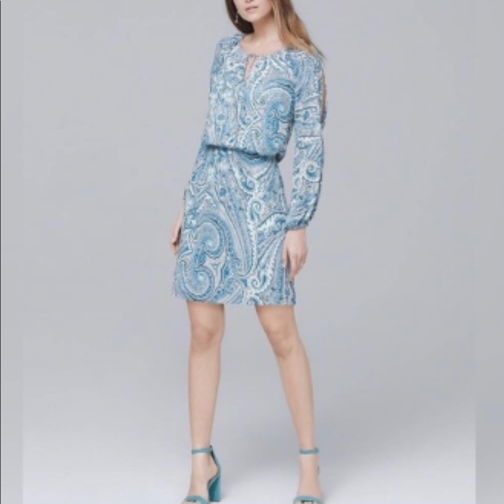 WHBM Paisely Smocked Waist Split Sleeve Mini Dress